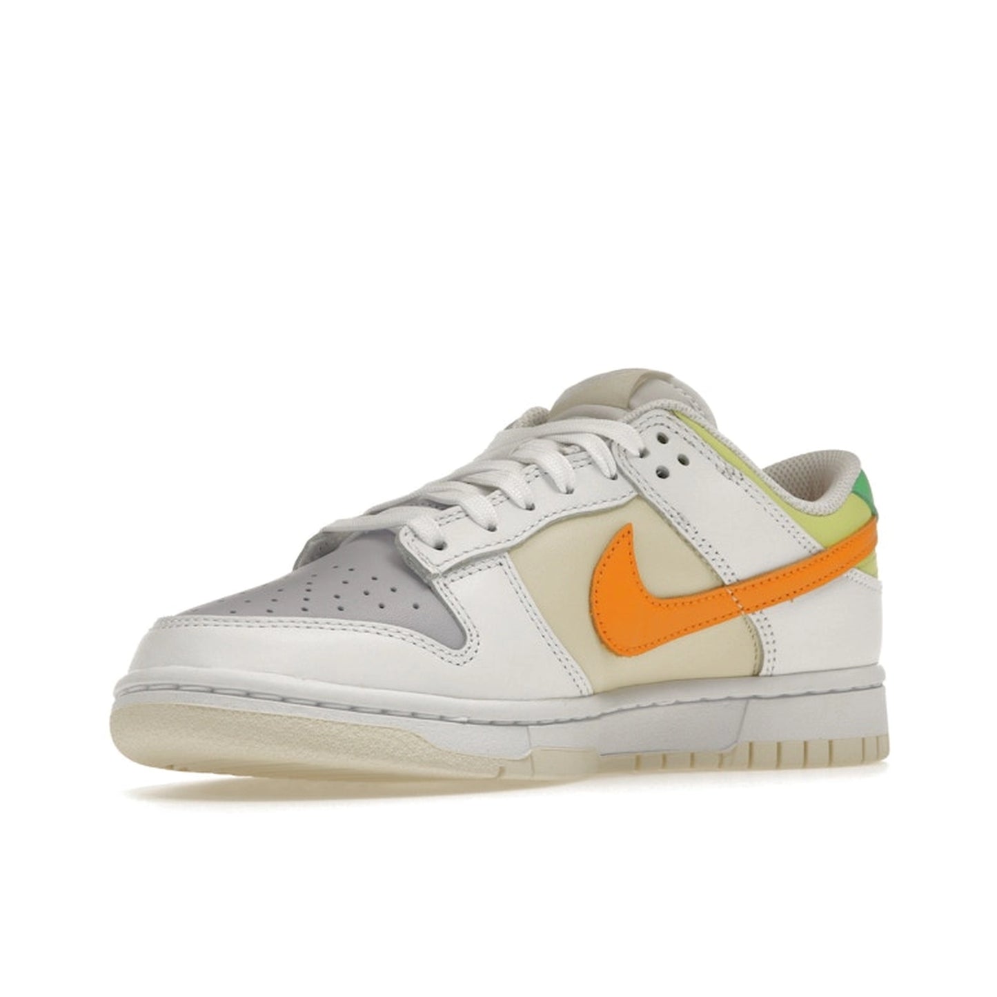 Nike Dunk Low Sundial sneakers, front view, model FJ4742-100 for women in white and sunrise color.