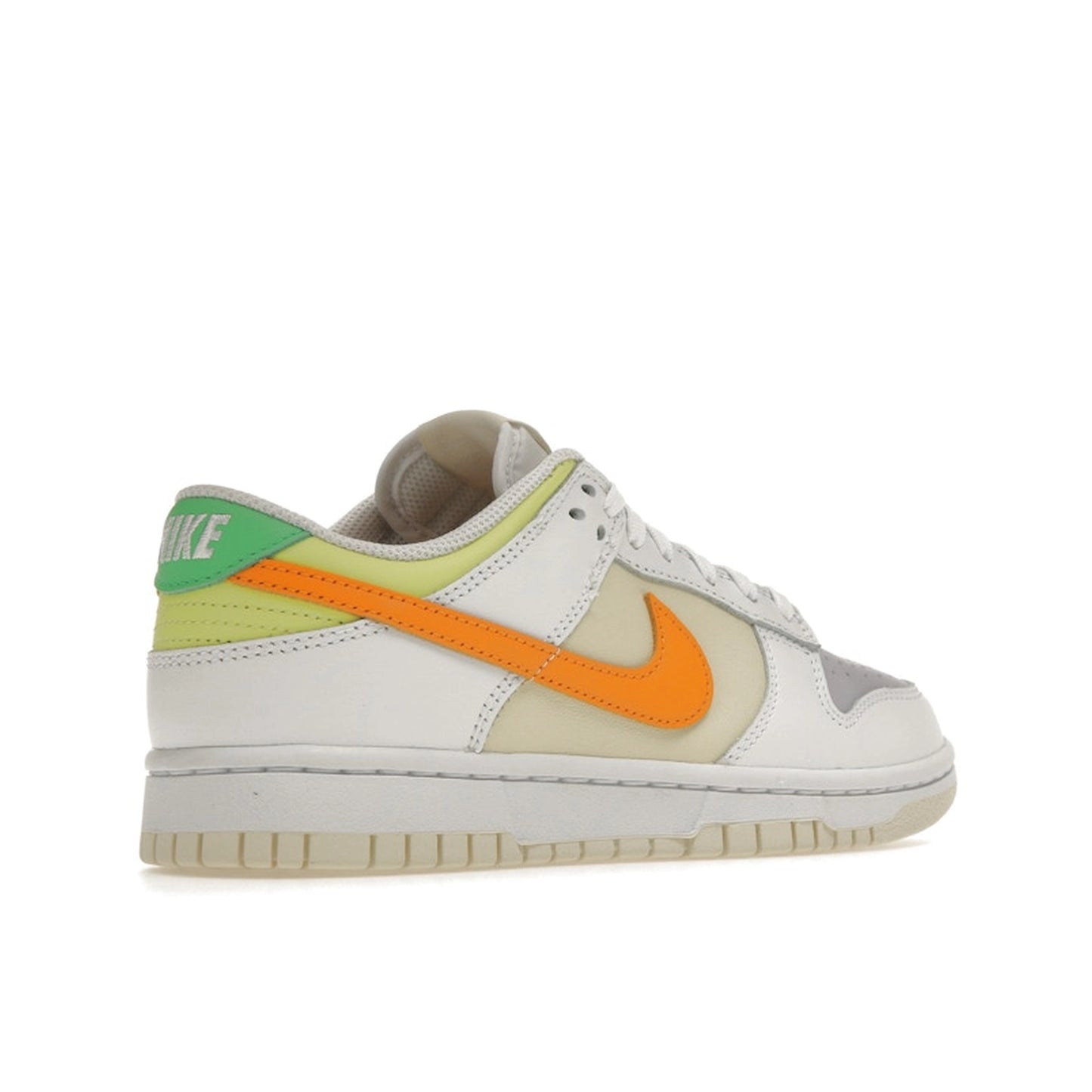 Nike Dunk Low Sundial sneakers, back view, model FJ4742-100 for women in white and sunrise color.