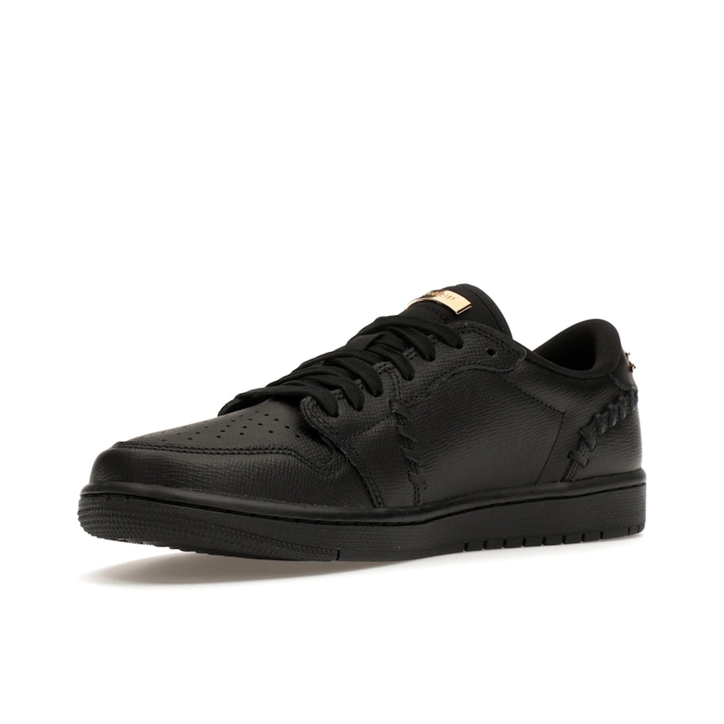 Jordan 1 Low Method of Make sneakers, front view, model FN5032-007, women's, black with metallic gold accents.