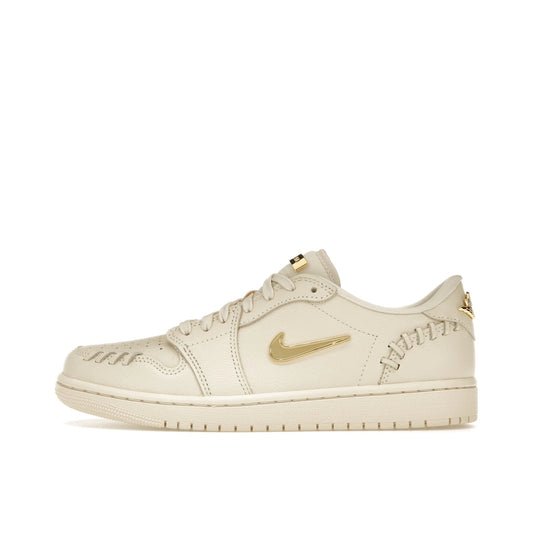 Jordan 1 Low Method of Make Women’s, side view, in light tan leather with monochrome finish.