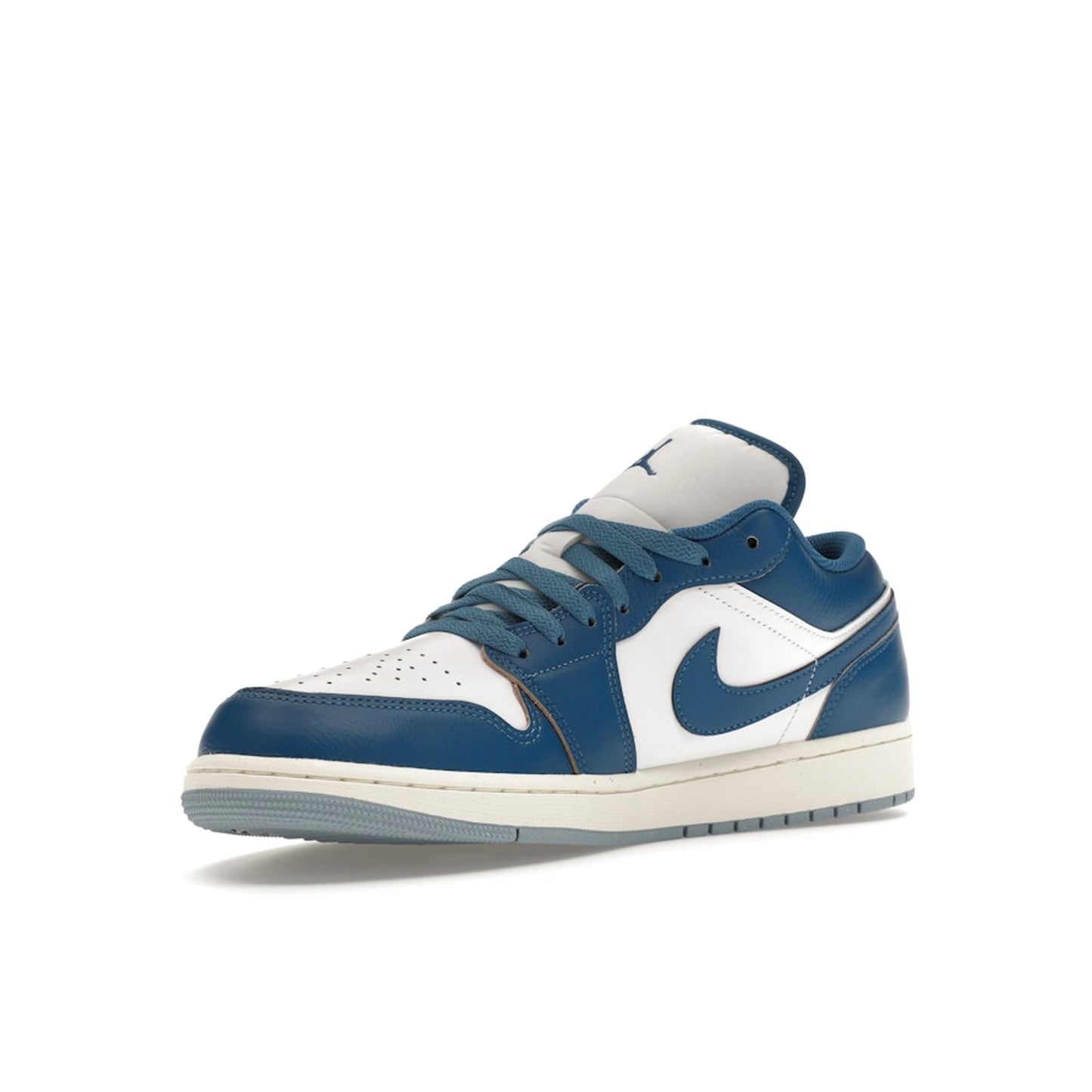 Jordan 1 Low Industrial Blue sneakers, front view, in white with blue and black details.