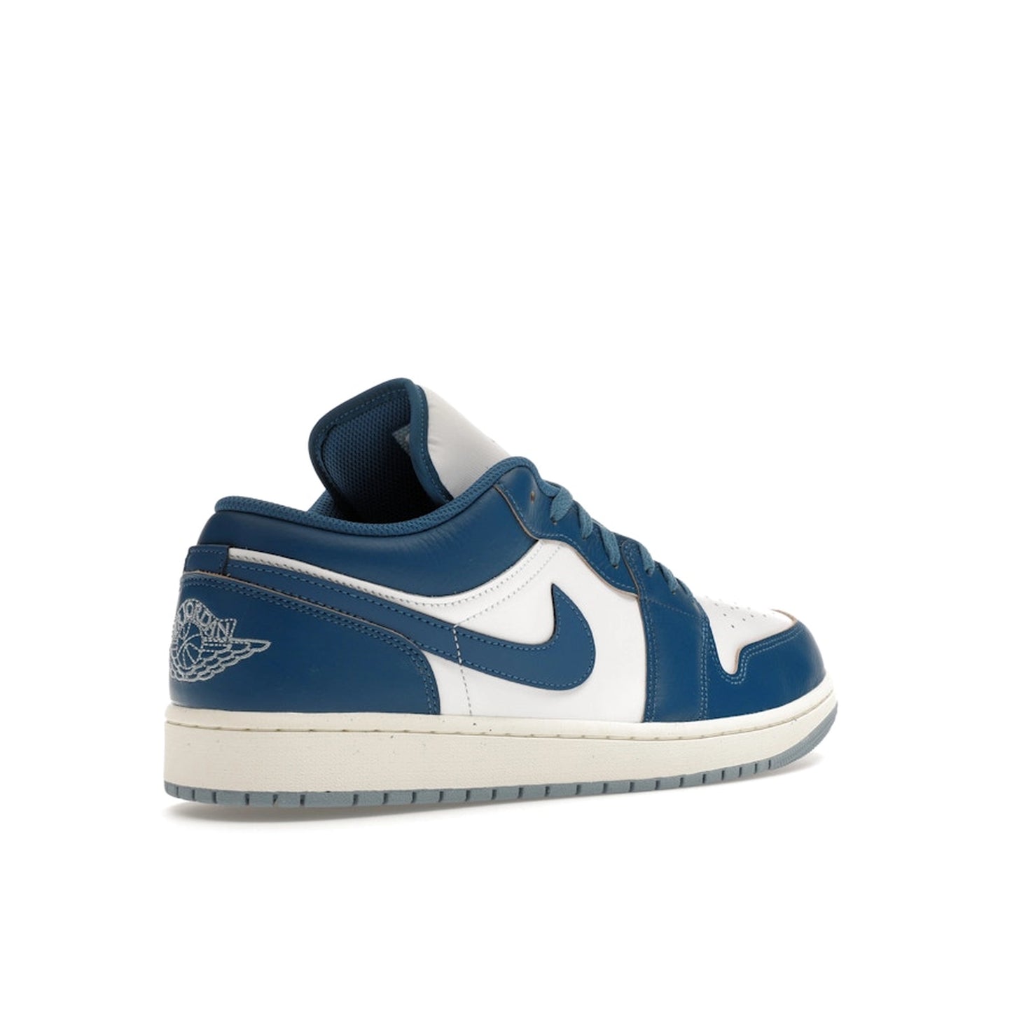 Jordan 1 Low Industrial Blue sneakers, back view, in white with blue and black details.