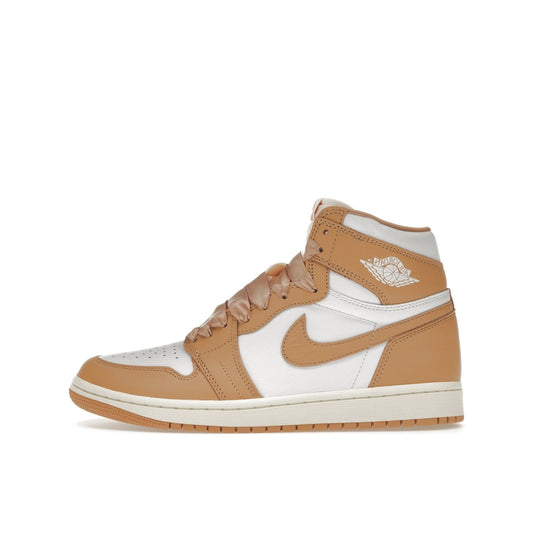 Jordan 1 Retro High OG Praline sneakers, side view, model FN6622-201, combining praline tones with satin ribbon laces.
