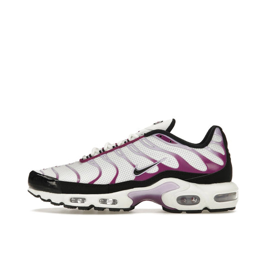 Nike Air Max Plus Lilac Bloom FN6949-100, side view, in soft white with lilac gradient overlays.