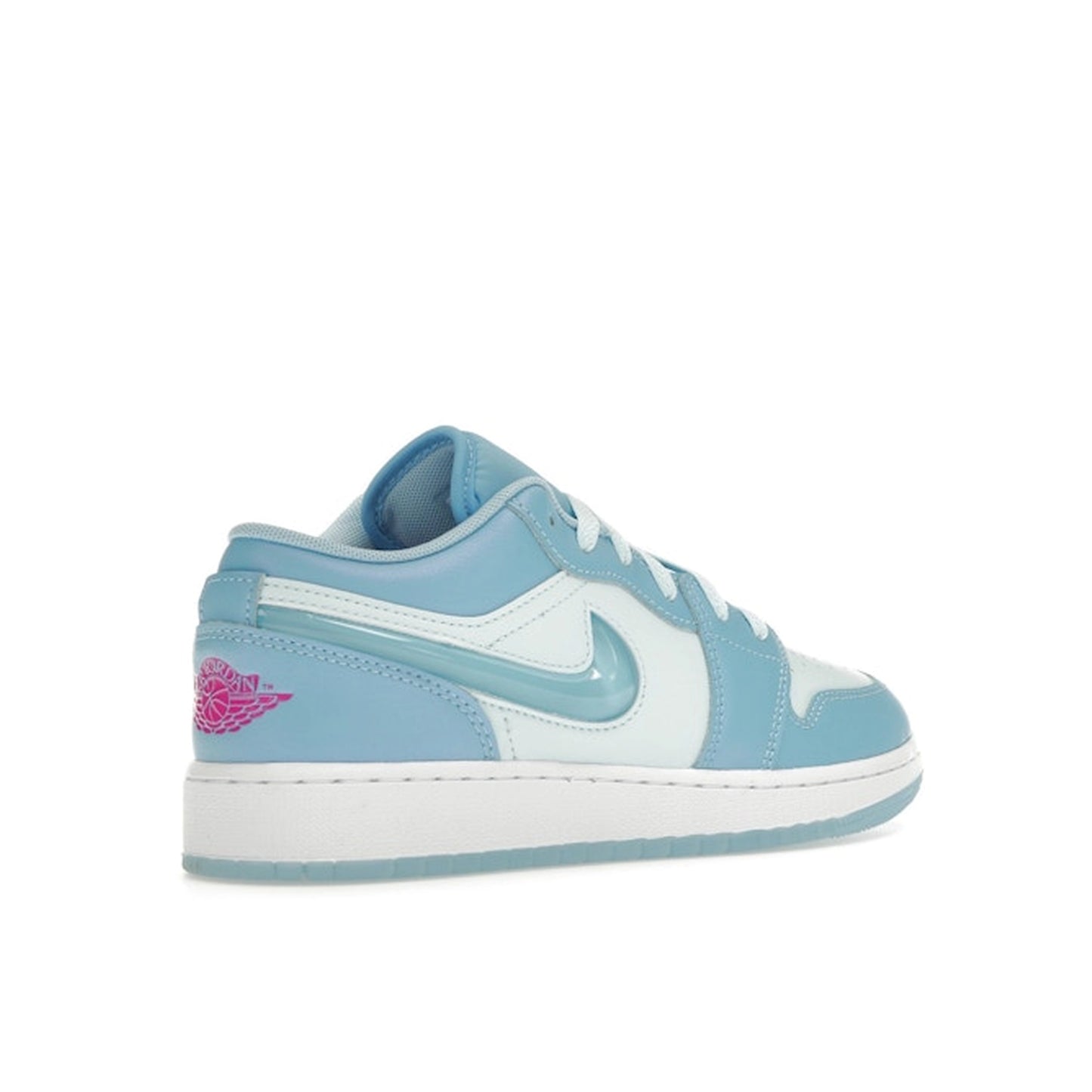 Jordan 1 Low SE sneakers (GS), back view, model FN7366-400, in Aquarius Blue with white details.