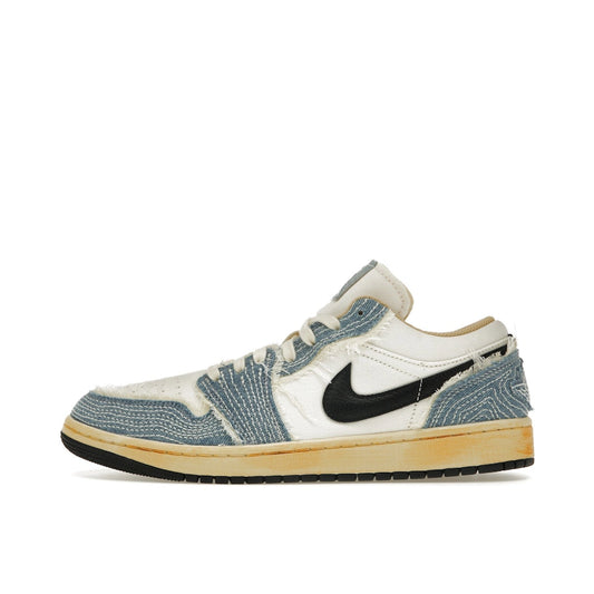 Air Jordan 1 Low SE WRMK Sashiko sneakers, side view, model FN7670-493, blue with sashiko stitching.