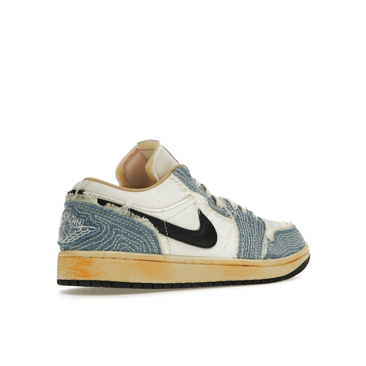 Air Jordan 1 Low SE WRMK Sashiko sneakers, back view, model FN7670-493, blue with sashiko stitching.