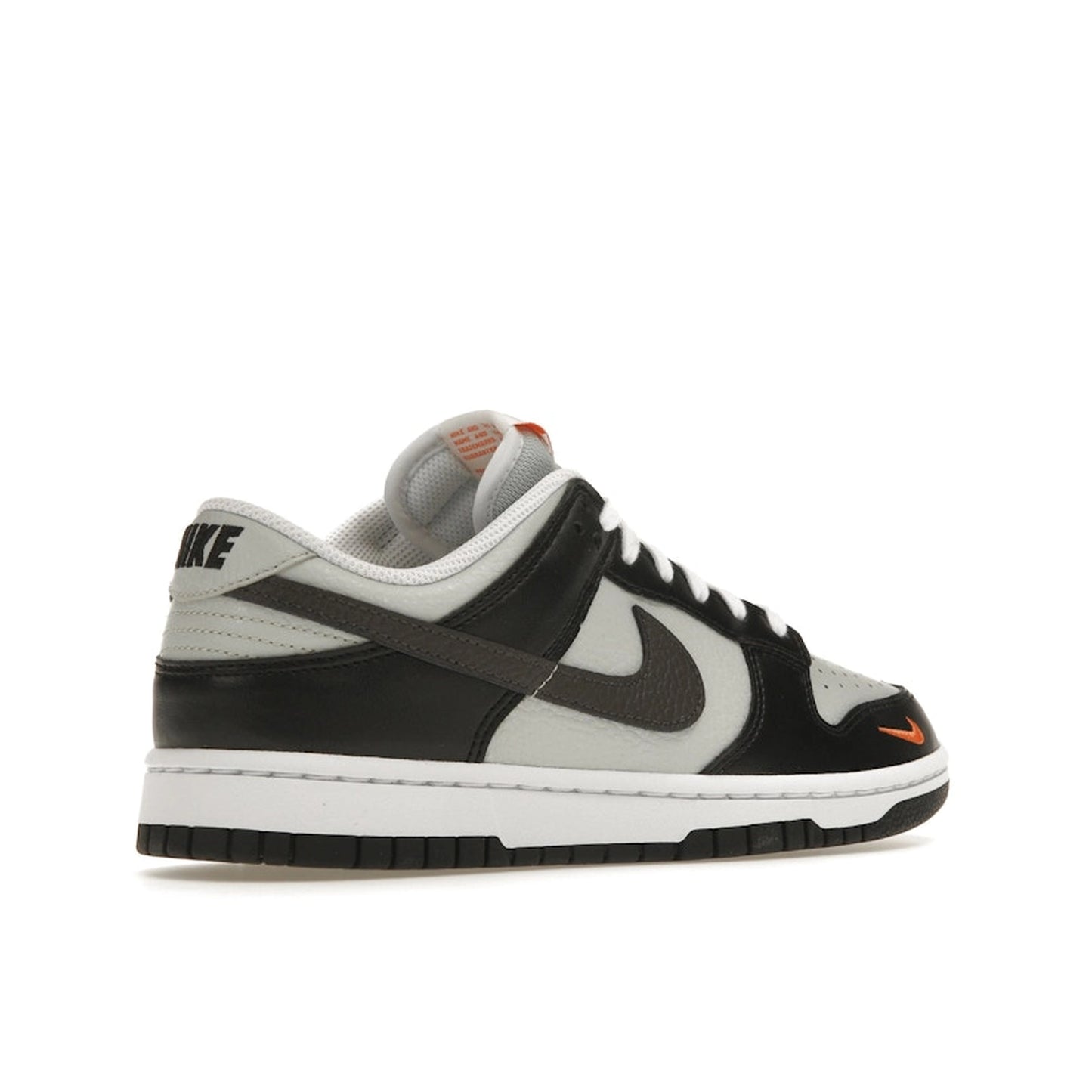 Nike Dunk Low Black Total Orange Mini Swoosh sneakers, back view, model FN7808-001 in black and orange.