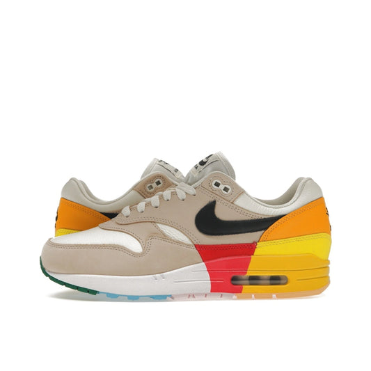Nike Air Max 1 Women's sneakers, side view, model FQ2538-100, in khaki and multi-color.