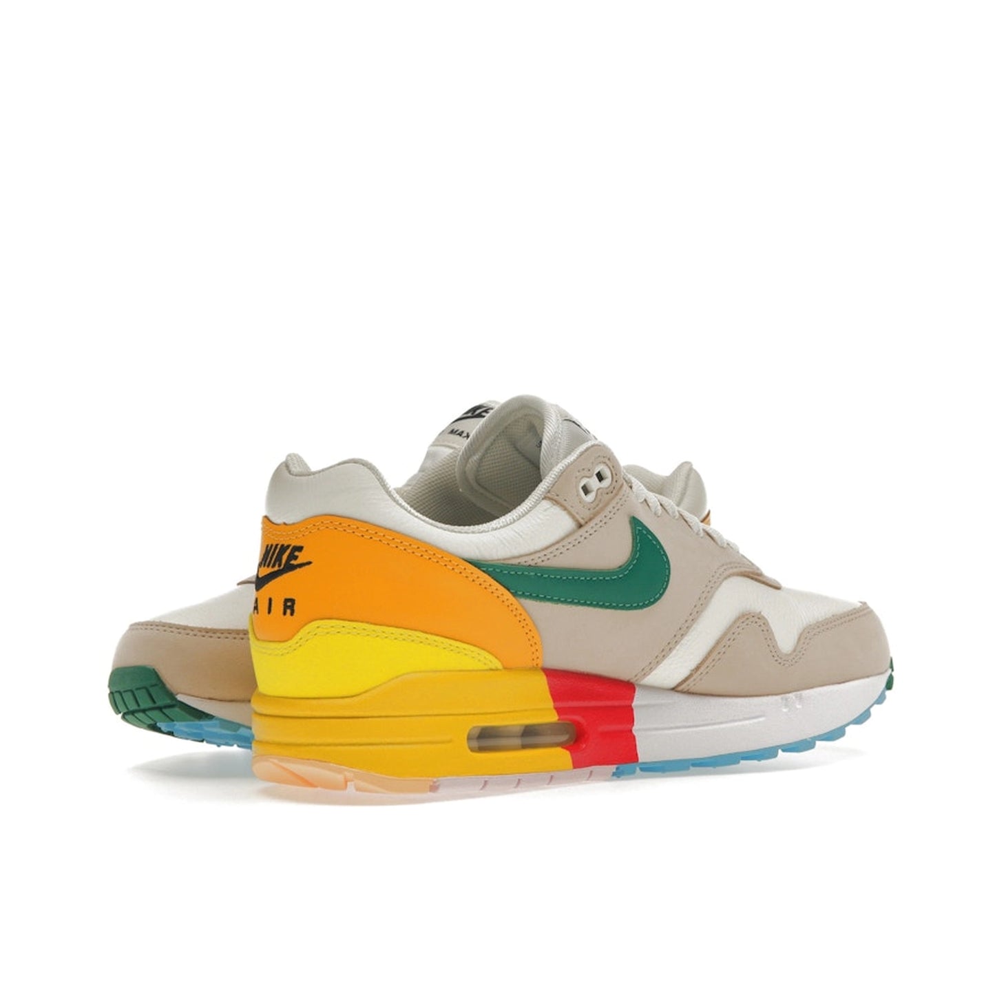 Nike Air Max 1 Women's sneakers, front view, model FQ2538-100, in khaki and multi-color.