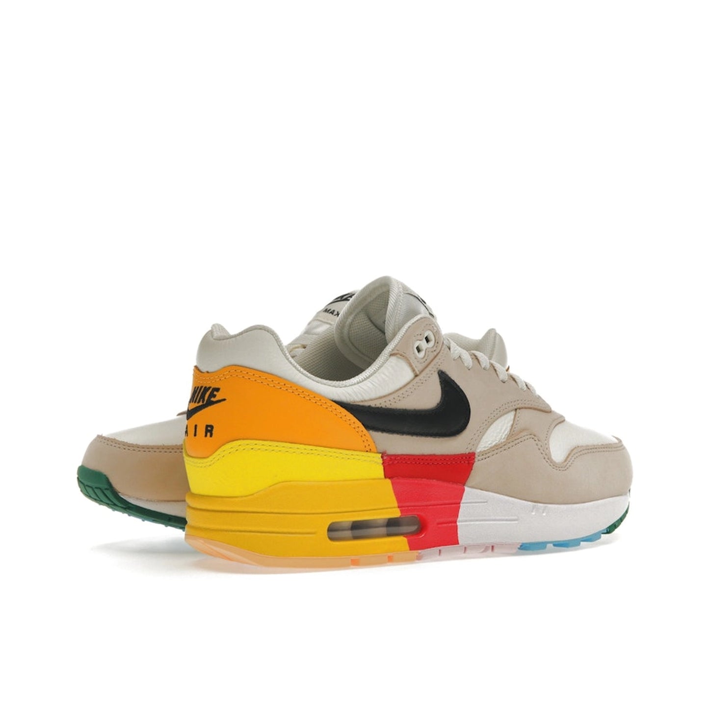 Nike Air Max 1 Women's sneakers, back view, model FQ2538-100, in khaki and multi-color.