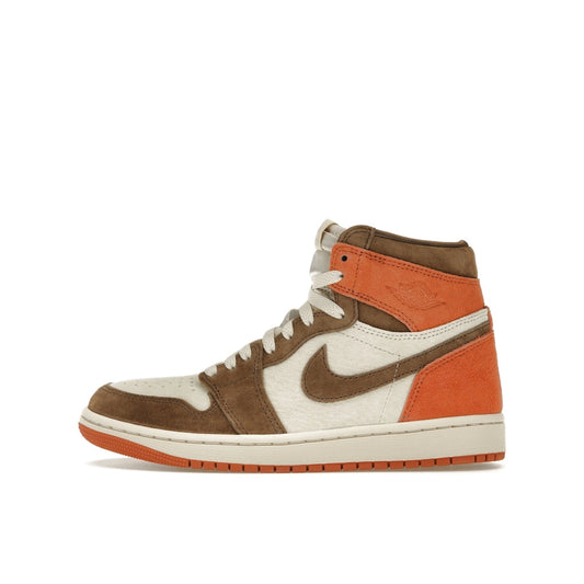 Jordan 1 Retro High OG SP Dusted Clay Women's sneakers, side view, model FQ2941-200, in brown and light pink.