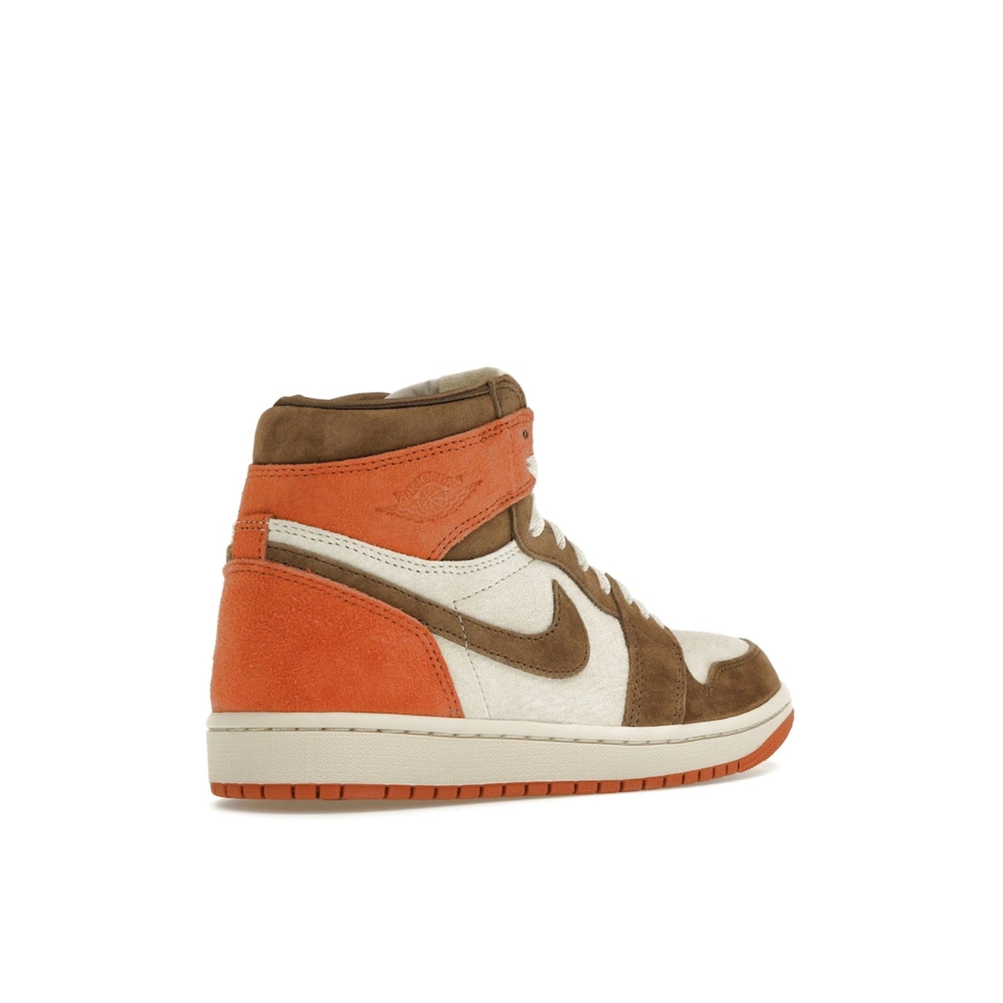 Jordan 1 Retro High OG SP Dusted Clay Women's sneakers, back view, model FQ2941-200, in brown and light pink.