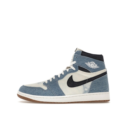 Jordan 1 Retro High OG Denim sneakers, side view, model FQ2947-100, in white with denim detailing.