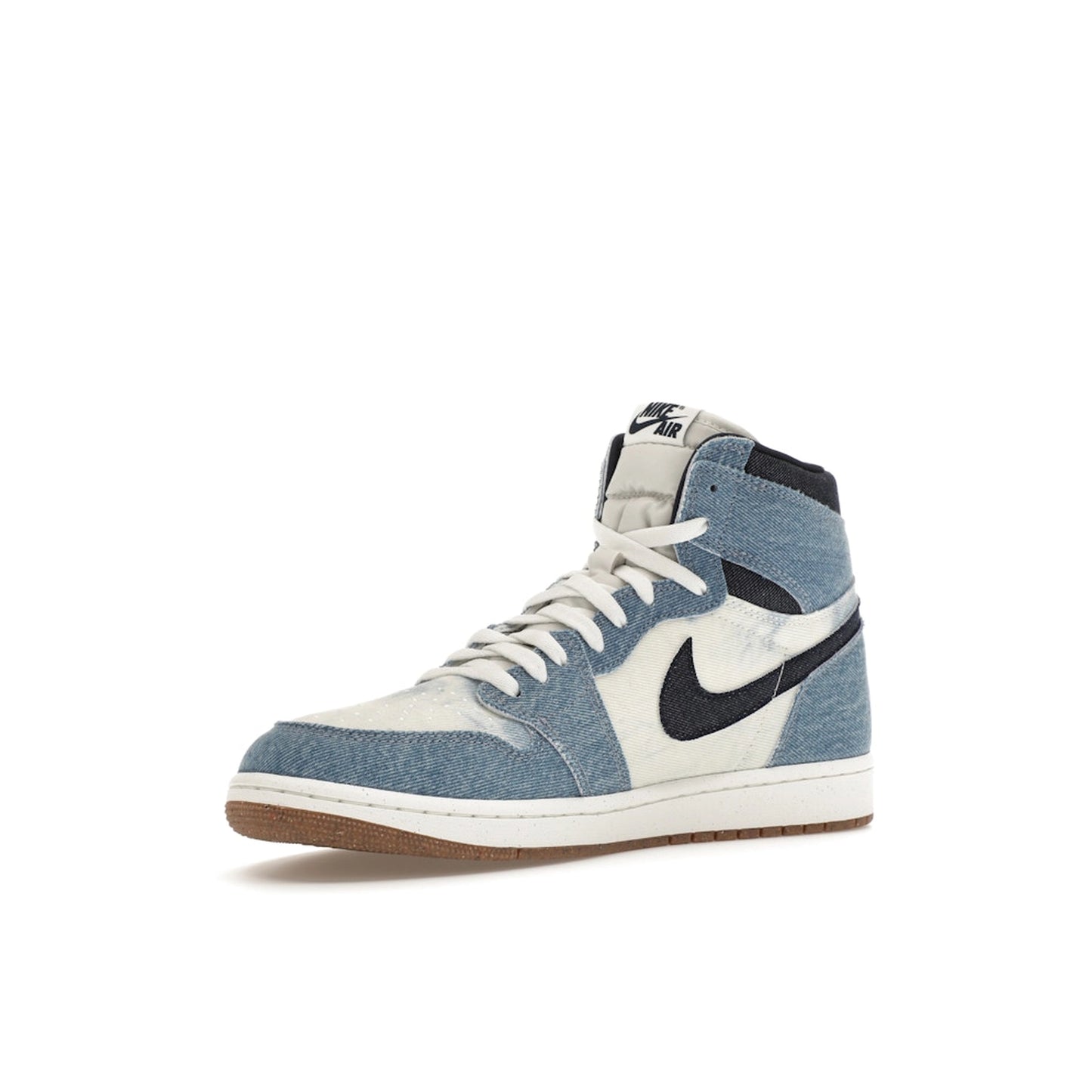 Jordan 1 Retro High OG Denim sneakers, front view, model FQ2947-100, in white with denim detailing.