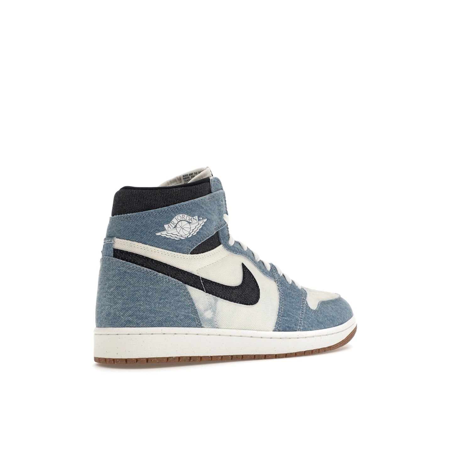 Jordan 1 Retro High OG Denim sneakers, back view, model FQ2947-100, in white with denim detailing.