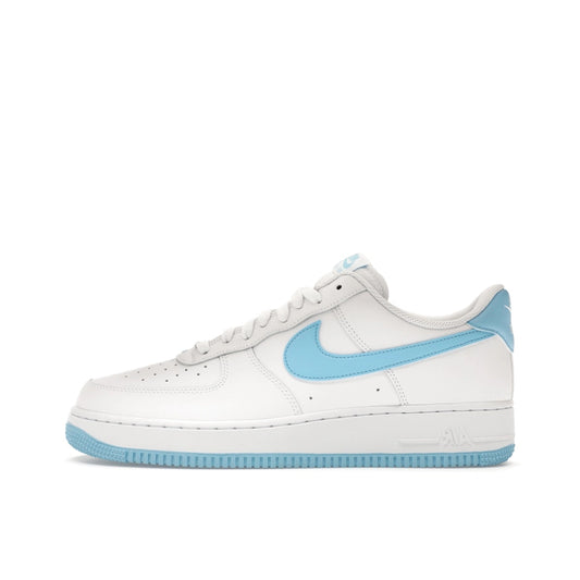 Nike Air Force 1 Low 07 White Aquarius Blue sneakers, side view, model FQ4296-100, white with aquarius blue accents.