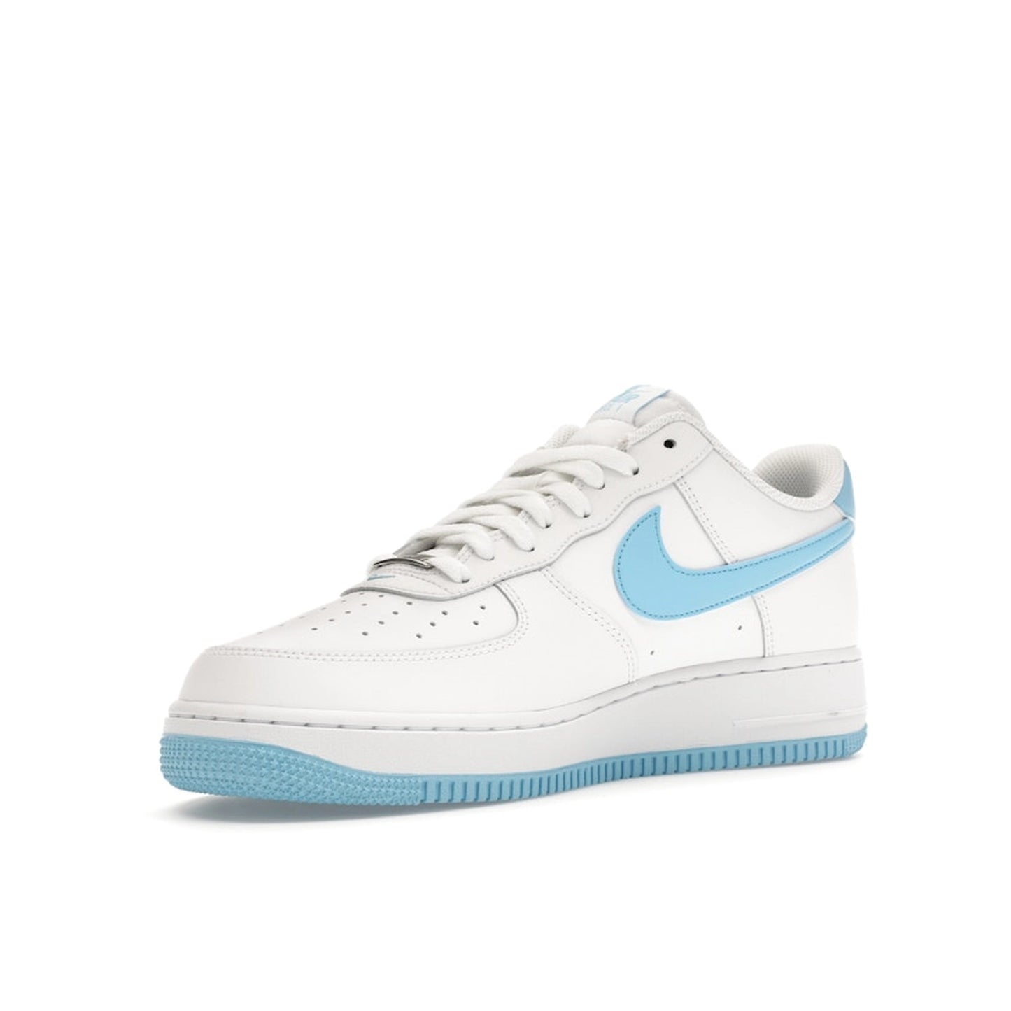Nike Air Force 1 Low 07 White Aquarius Blue sneakers, front view, model FQ4296-100, white with aquarius blue accents.