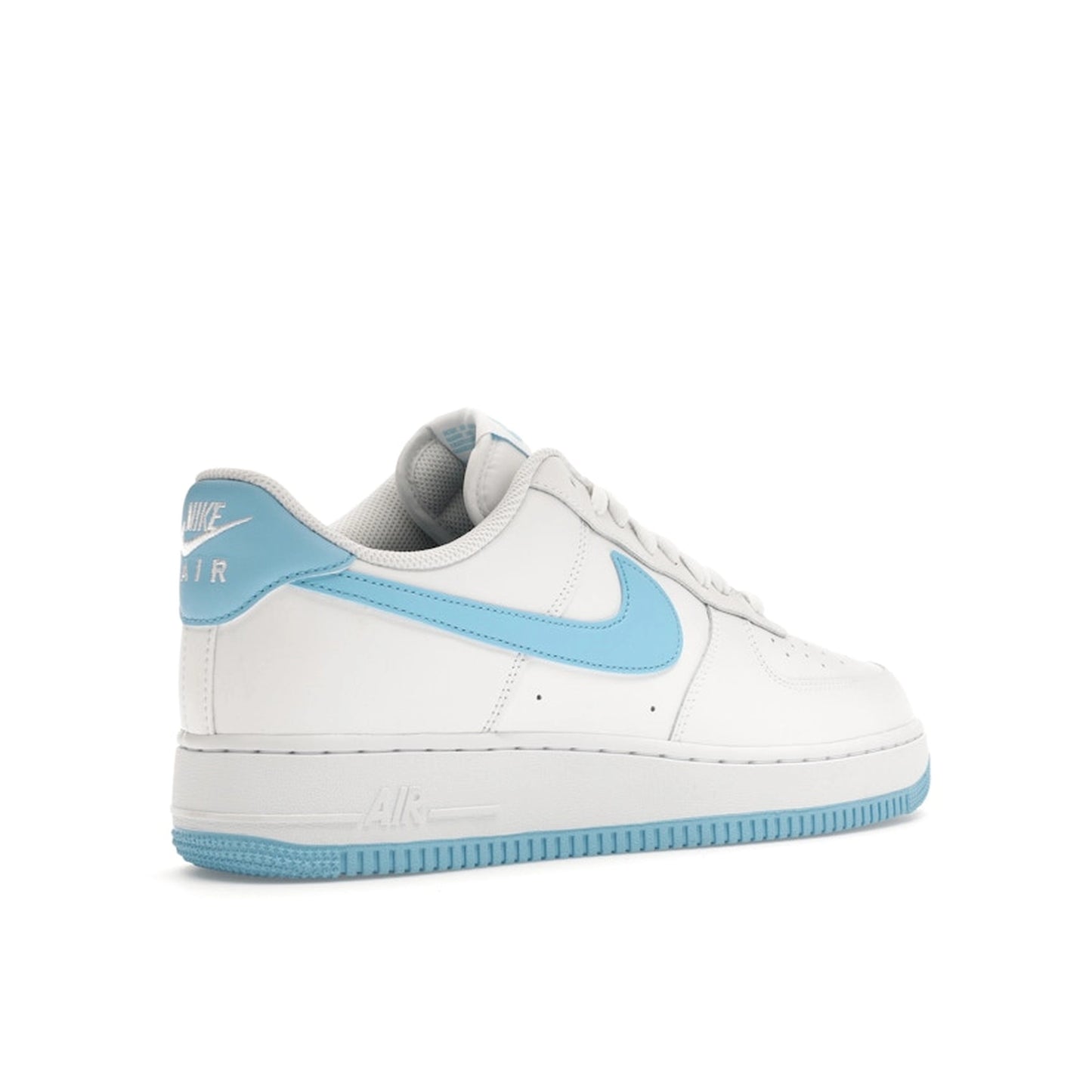 Nike Air Force 1 Low 07 White Aquarius Blue sneakers, back view, model FQ4296-100, white with aquarius blue accents.