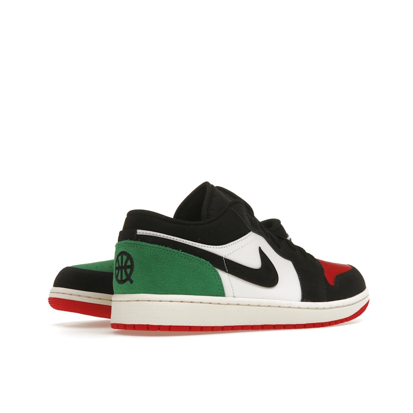 Air Jordan 1 Low Quai 54 2023 sneakers, back view, model FQ6703-100, white with multicolored accents.