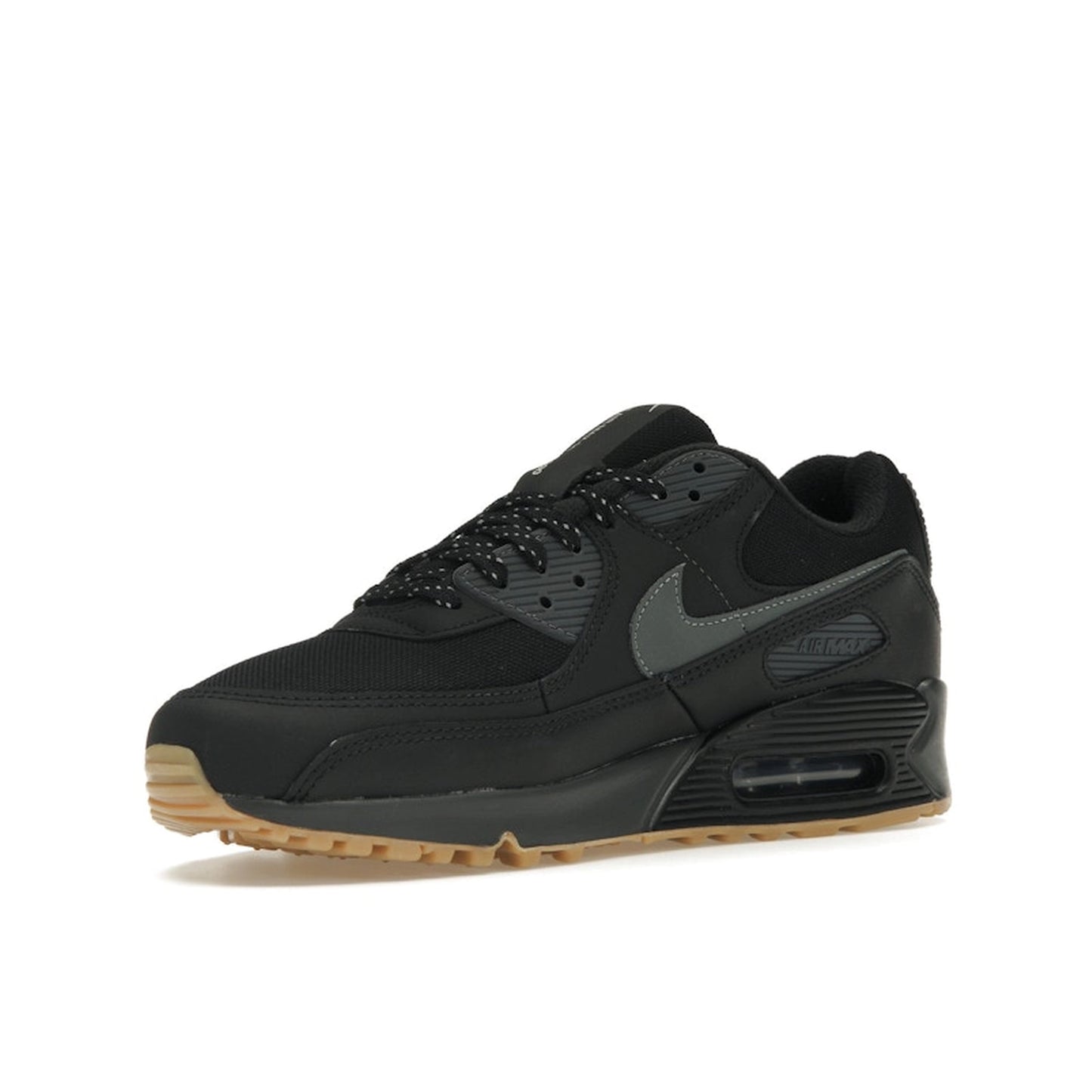 Nike Air Max 90, front view, in black and grey with reflective details and gum outsole.