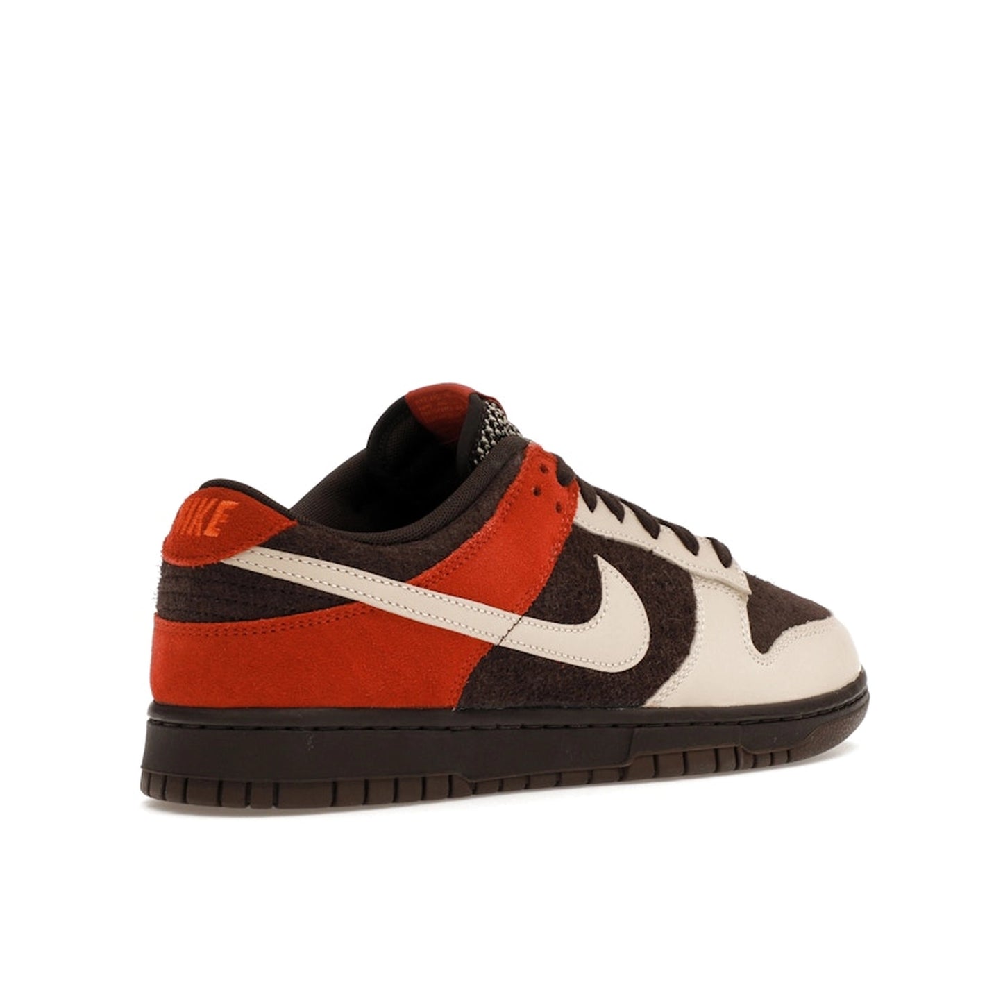 Nike Dunk Low Red Panda sneakers, back view, model FV0395-200 in beige and red with brown details.