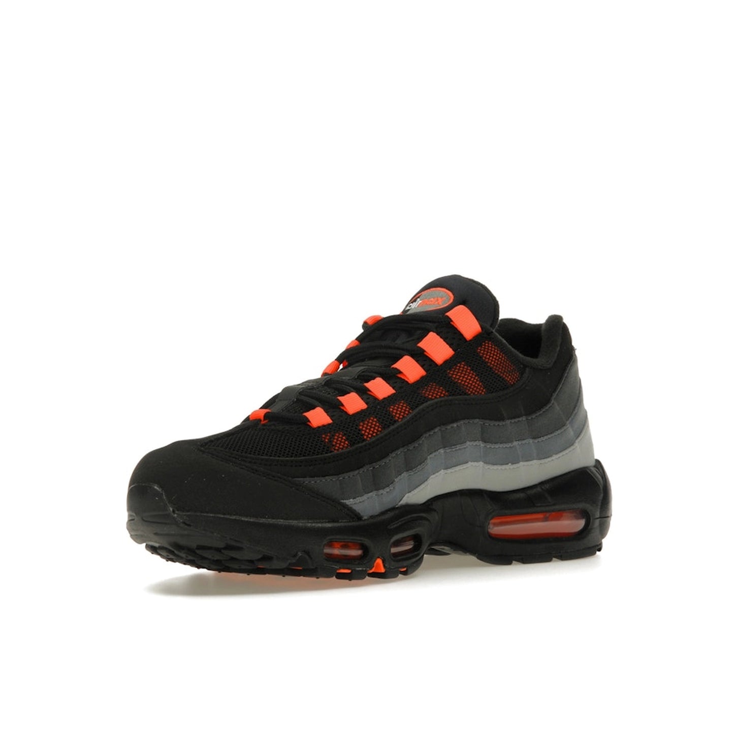 Nike Air Max 95 Black Hyper Crimson, front view, in mesh and suede with orange-red highlights.