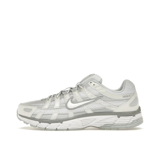 Nike P-6000 Summit White Pure Platinum, side view, featuring layered mesh and leather in white and silver tones.