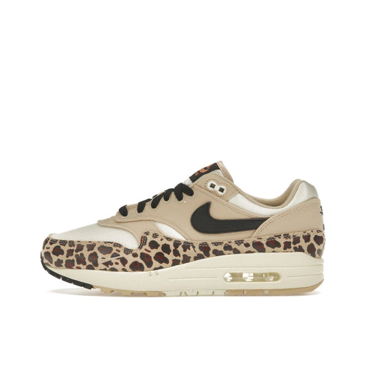 Nike Air Max 1 '87 Sesame Leopard Women's sneakers, side view, model FV6605-200, sesame with leopard print.