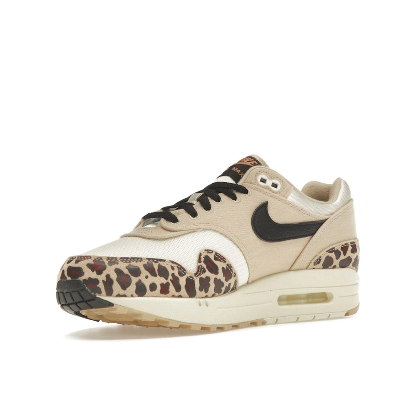Nike Air Max 1 '87 Sesame Leopard Women's sneakers, front view, model FV6605-200, sesame with leopard print.