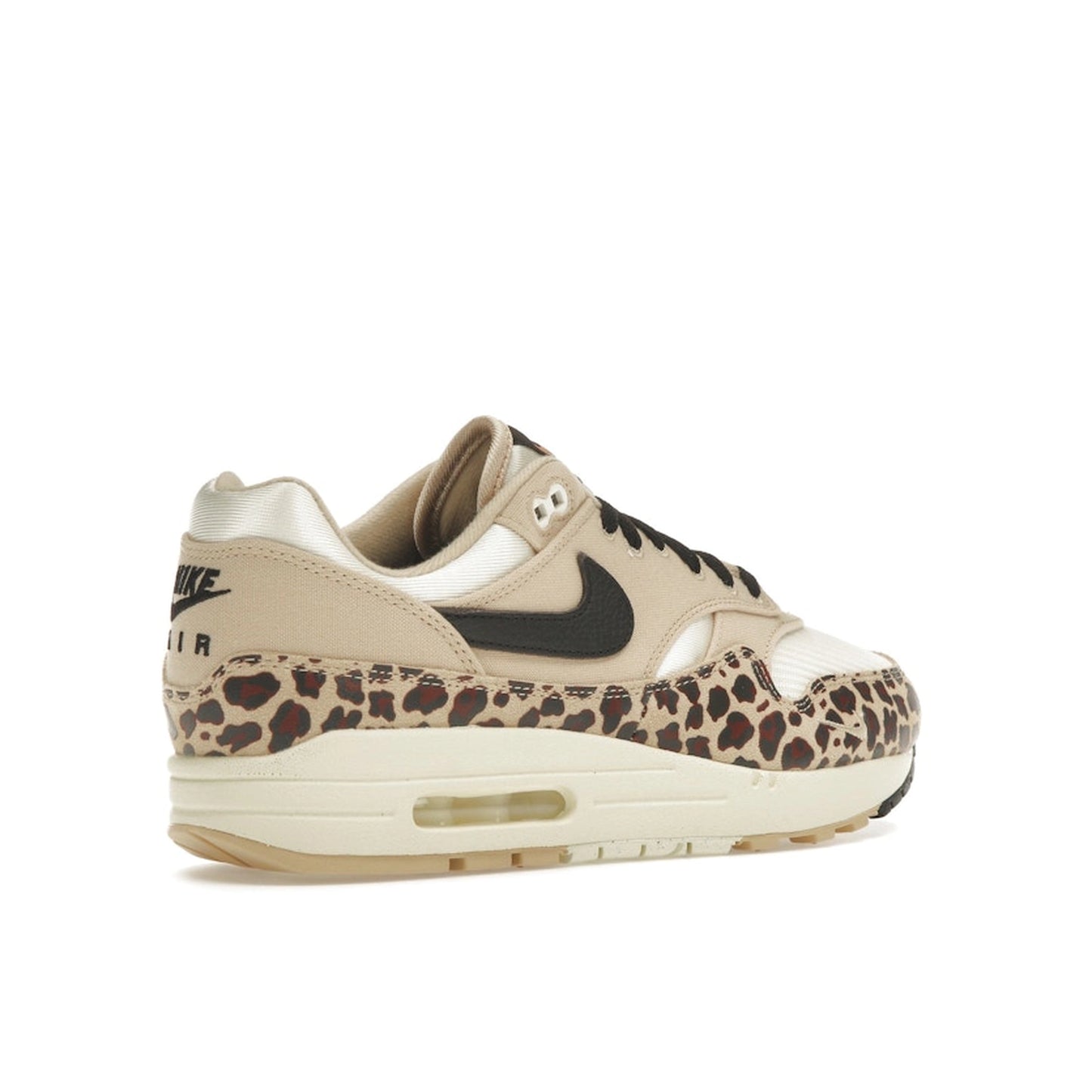 Nike Air Max 1 '87 Sesame Leopard Women's sneakers, back view, model FV6605-200, sesame with leopard print.
