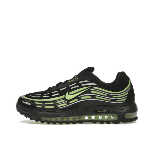 Nike Air Max TL 2.5, side view, in black and citron with neon green highlights.