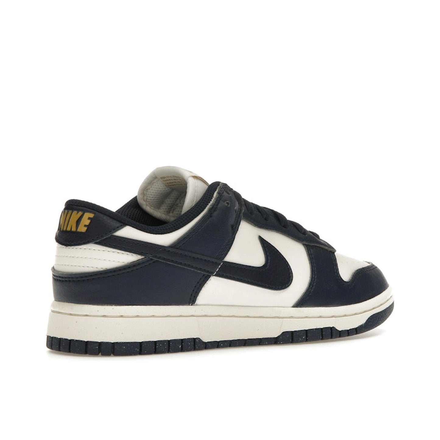 Nike Dunk Low Next Nature Women’s sneakers, back view, in Olympic-inspired dark blue and gold.