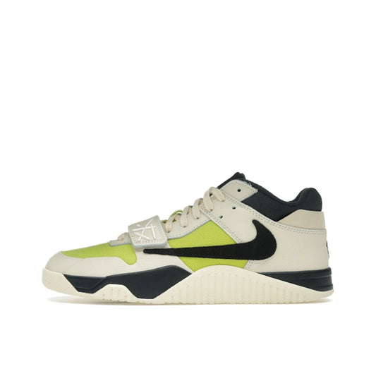 Jordan Jumpman Jack TR Travis Scott sneakers, side view, in bright cactus green and white.