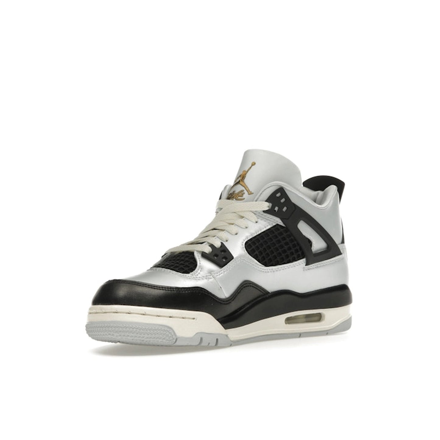 Jordan 4 Retro Platinum Gold (GS), front view, in matte grey with metallic gold accents.