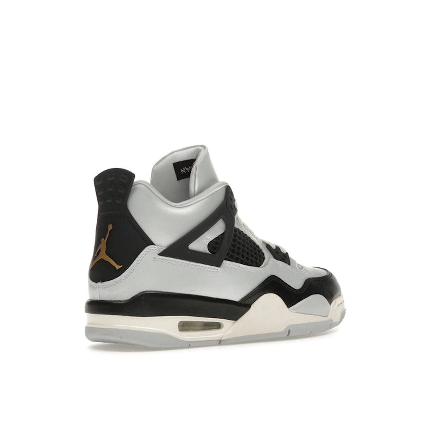 Jordan 4 Retro Platinum Gold (GS), back view, in matte grey with metallic gold accents.