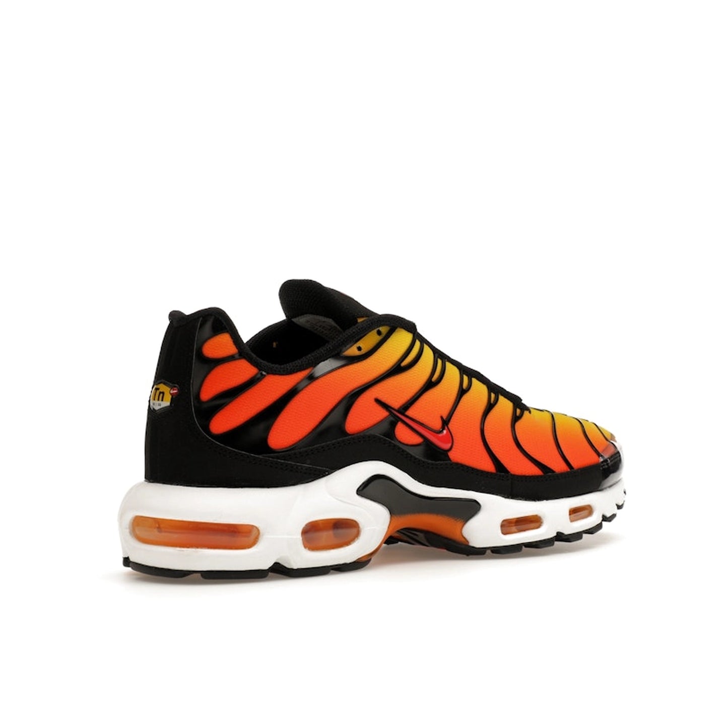 Nike Air Max Plus Sunset (2024) sneakers, back view, model HF0552-001, with an orange-to-yellow gradient.