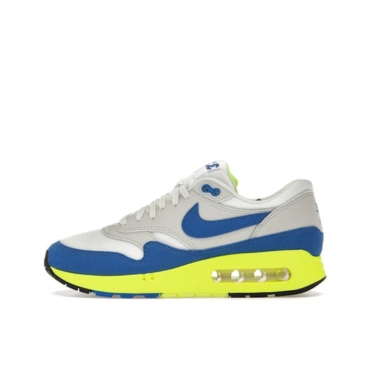 Nike Air Max 1 '86 OG Big Bubble sneakers, side view, model HF2903-100, in white and blue, special edition for Air Max Day 2024.