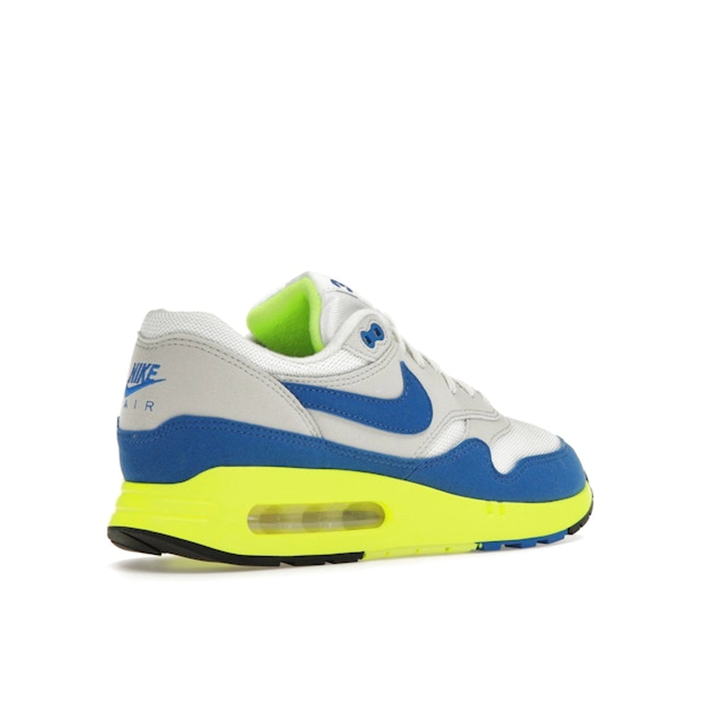 Nike Air Max 1 '86 OG Big Bubble sneakers, back view, model HF2903-100, in white and blue, special edition for Air Max Day 2024.