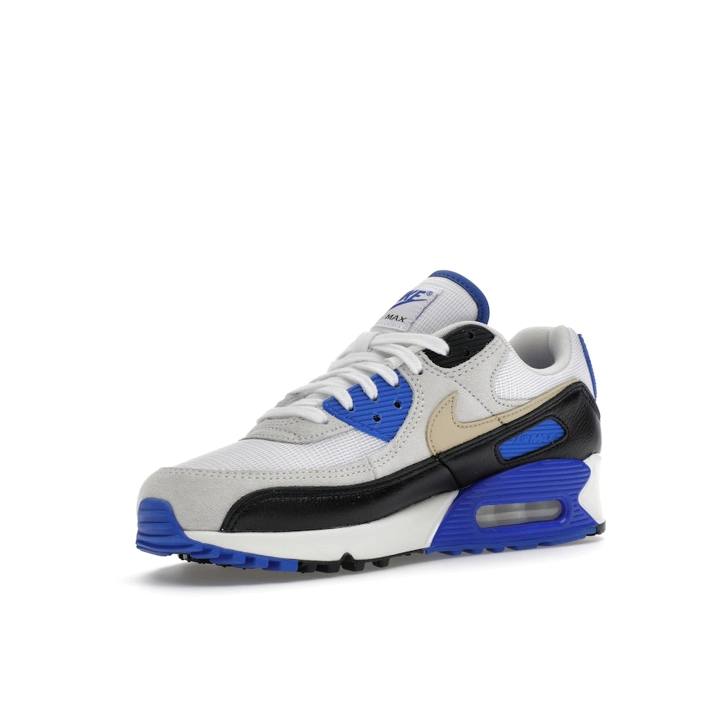 Nike Air Max 90 Racer Blue, front view, in white leather with grey suede and blue branding.