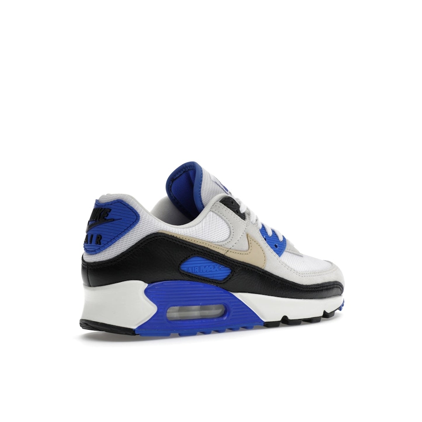 Nike Air Max 90 Racer Blue, back view, in white leather with grey suede and blue branding.