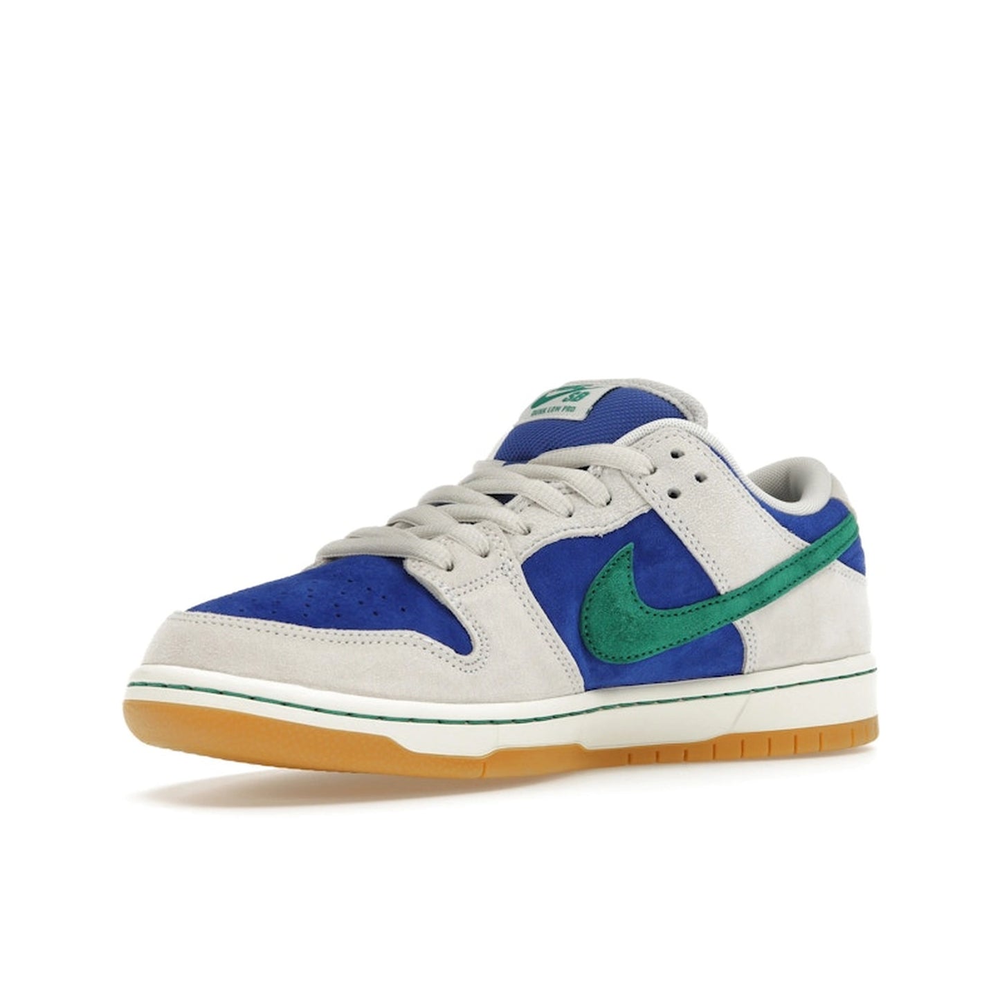 Nike SB Dunk Low sneakers, front view, in black with bright blue and green contrast details.