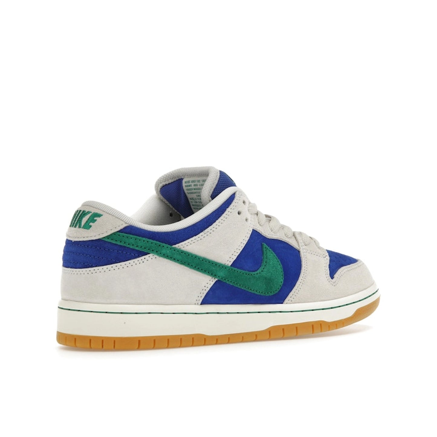 Nike SB Dunk Low sneakers, back view, in black with bright blue and green contrast details.