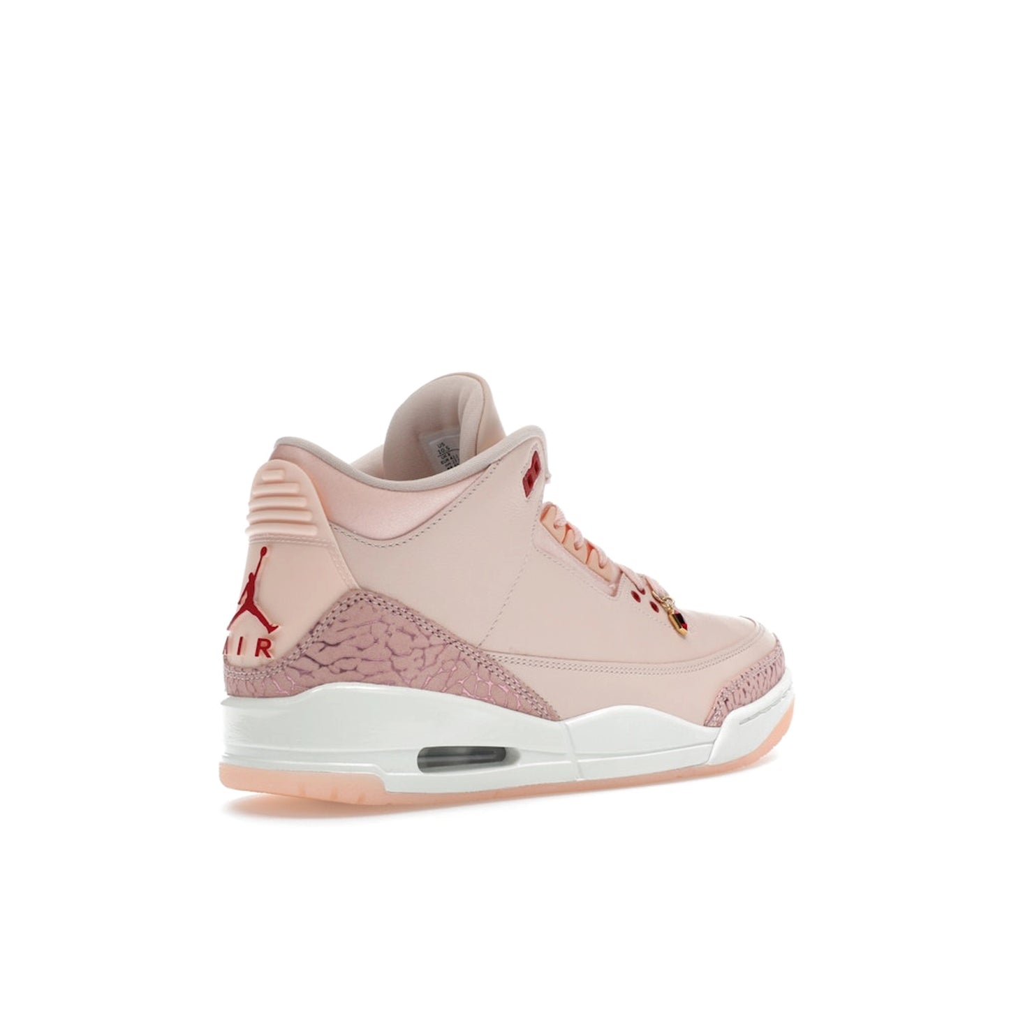 Air Jordan 3 Retro Valentine’s Day 2025, back view, in pink with elephant print overlays.