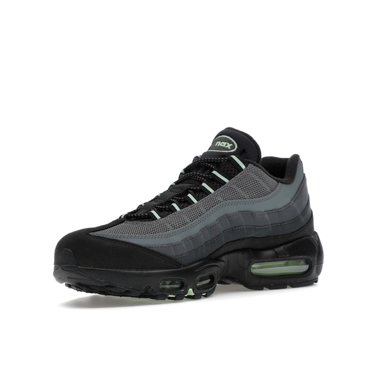 Nike Air Max 95 sneakers, front view, in black and grey with vapor green accents.