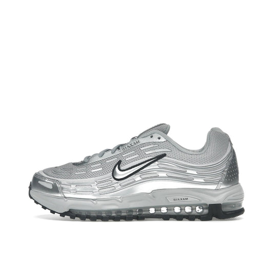 Nike Air Max TL 2.5, side view, in metallic silver and black with futuristic panel design.