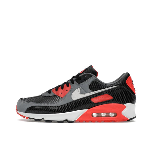Nike Air Max 90 Premium Carbon Fiber Infrared, side view, black upper with carbon fiber texture and infrared accents.