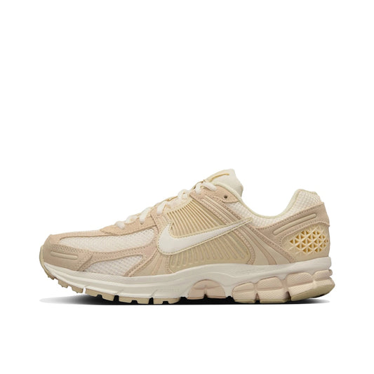 Nike Zoom Vomero 5 Beach Light Khaki, side view, in beige tones with tonal overlays.