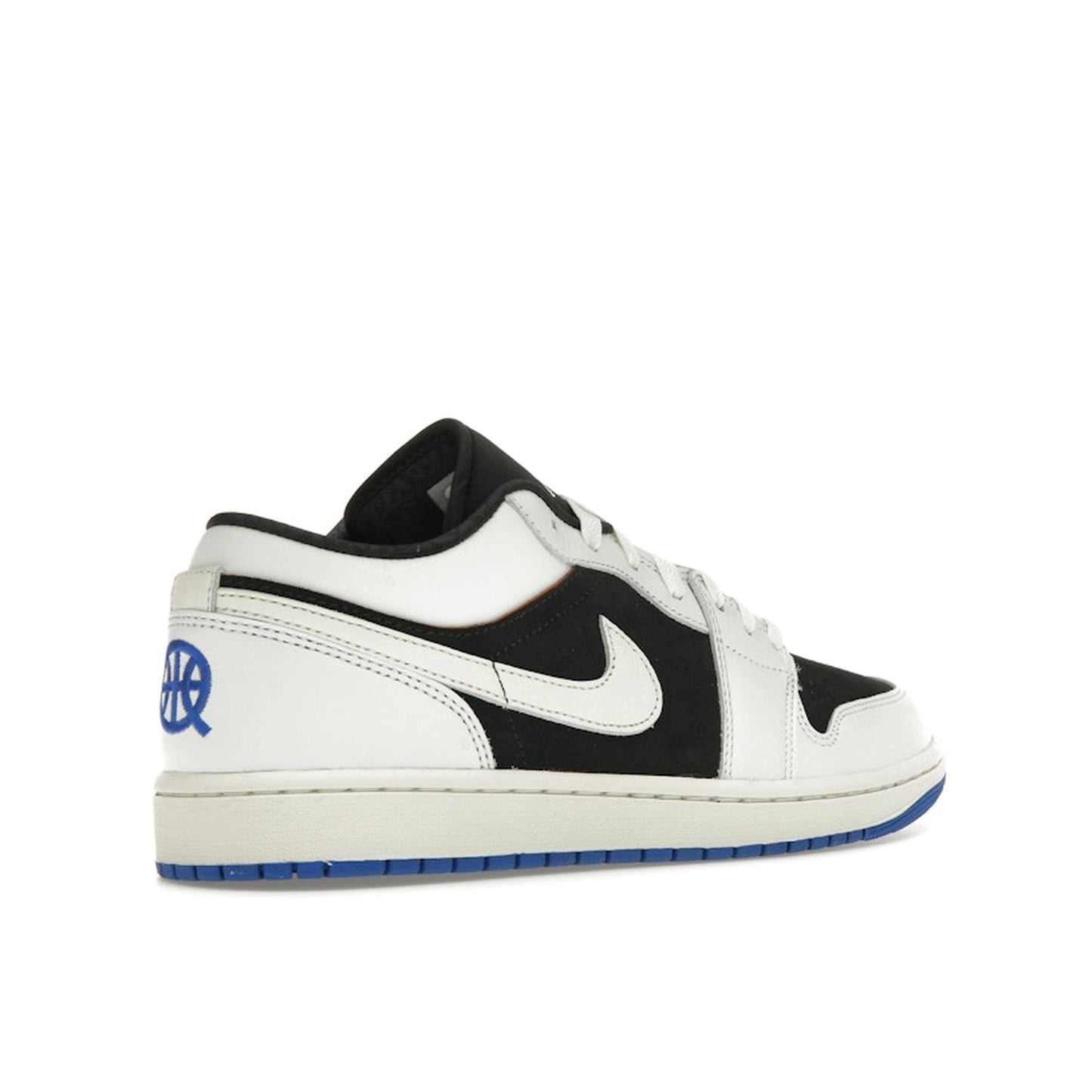 Jordan 1 Low Quai 54 (2024) sneakers, back view, model HQ0764-001, black and white accents.