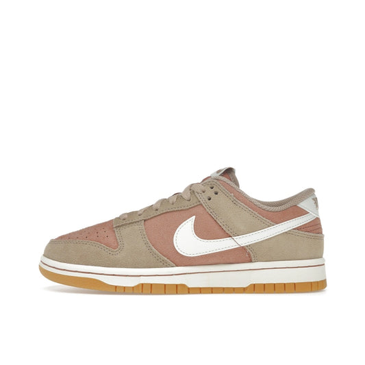 Nike Dunk Low SE Rattan Terra Blush, side view, in soft tan and muted pink with suede overlays.